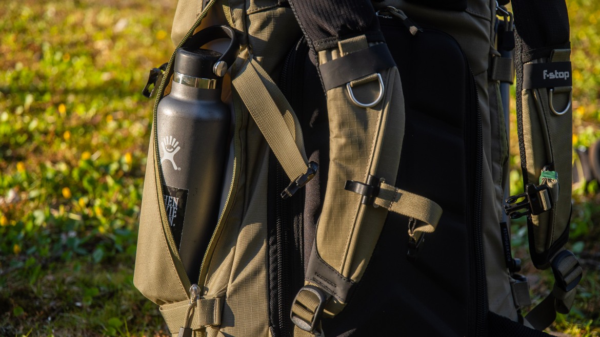 F-Stop Tilopa photography backpack review straps side pockets with hydroflask bottle